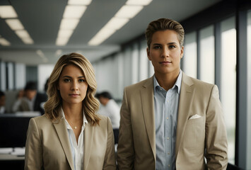 Portrait of confident business man and woman looking at camera while standing with colleague in office