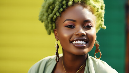 Wall Mural - Young African woman with afro smiles confidently, radiating happiness generated by AI