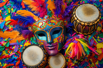 Sticker - Brazilian and african colorful drums with carnival mask and feathers. Music instruments with traditional ornament. Rio carnival concept. Brazilian dance and music. Seasonal event poster, card, banner