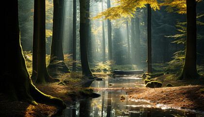 Wall Mural - Tranquil autumn forest foggy mystery, vibrant colors, serene reflection generated by AI