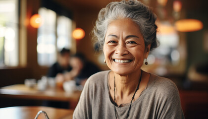 Wall Mural - One confident woman sitting in a coffee shop, smiling generated by AI