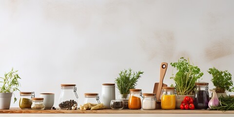 Wall Mural - Arrangement of utensils and ingredients for cooking at home.