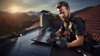 Poster - electrical engineer or worker installing solar panels or tiles at roof of a house, environmental friendly green energy 