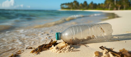 Wall Mural - beach pollution caused by plastic bottle endangering the environment and ocean.