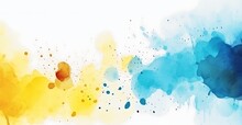 Abstract Watercolor Painting Created With Yellow And Blue Splatters And Blending. Abstract Watercolor For Poster, Wall Art, Banner, Card, Book Cover Or Packaging.