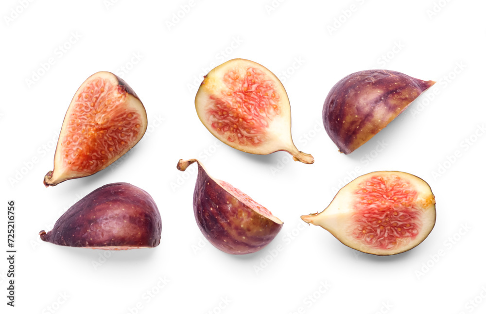 Pieces of fresh ripe figs on white background