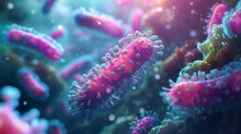 Colorful 3D Illustration Of Bacteria Or Viruses Under The Microscope, Emphasizing Concepts Of Microbiology And Infectious Diseases