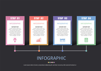 Fototapete - Vector infographic with 4 text boxes, 4 steps for presentation or academic work. Finance, education and business set on a dark gray background.