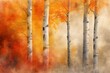 Autumn birch trees Watercolor background