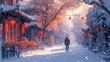 © Krisana - Winter, alley, winter, snowy, light snow in the sky, people paste spring couplings,generative ai