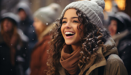 Sticker - Smiling women enjoying winter outdoors, young adults having fun generated by AI