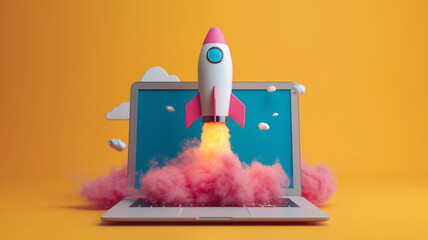 Wall Mural - rocket coming out of laptop screen, innovation and creativity concept, generative ai