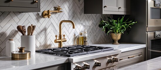 Poster - Luxurious kitchen with herringbone backsplash, white marble countertop, and gold faucet, featuring a close-up of the sink.