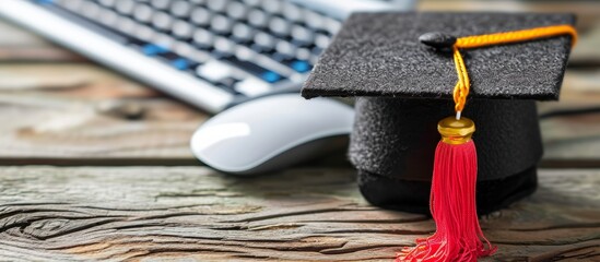 Wall Mural - E-learning concept with graduation cap and keyboard and mouse