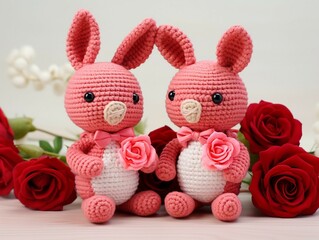 Wall Mural - Cute knitted bunnies with red roses on white background. Valentine's Day.