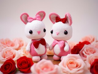 Wall Mural - Handmade crocheted pink and white rabbits on a background of roses. Valentine's Day.