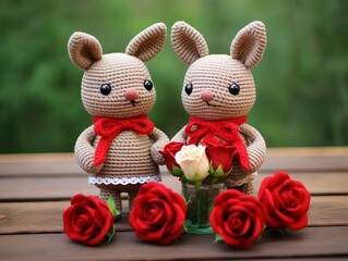 Wall Mural - Cute crocheted bunnies with roses on wooden table outdoors. Valentine's Day.
