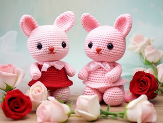Wall Mural - Cute handmade knitted toys with roses on a wooden background. Valentine's Day.