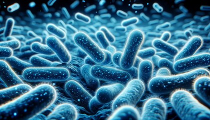 close-up view of numerous 3D-modeled bacteria with a vibrant blue color