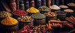 various spices on wooden board isolated with beautiful layout on kitchen table