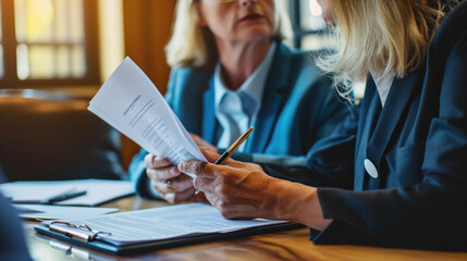Poster - Professional lawyer reviewing documents with colleague in office. Legal consultation.