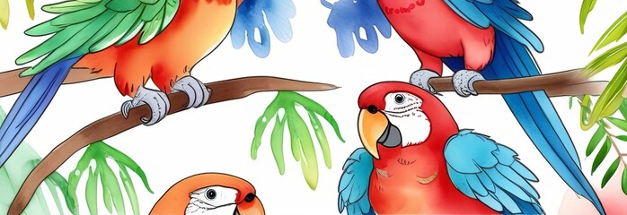 Wall Mural - Set of illustrations of parrots. Toucan, ara parrots sit on a branch. Set of parrots sitting on a branch on a yellow background