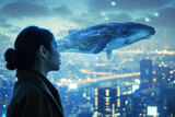 Fototapeta Na ścianę - Woman experiencing surreal encounter with whale in urban dreamscape. Surrealism and fantasy.