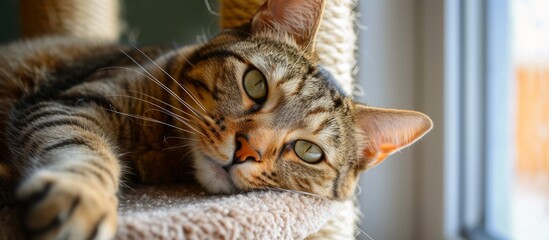 Wall Mural - Indoor tabby cat enjoying play and rest on carpeted tree.