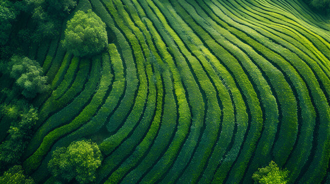 Tea field green plantation agriculture background top leaf farm landscape pattern drone. Organic field mountain green plant tea table view wooden product aerial display farmer wood fresh harvest land.