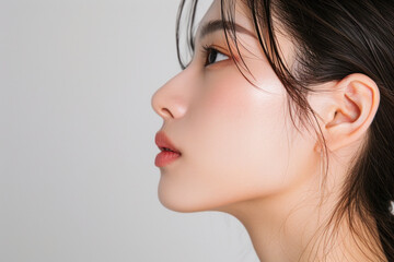 Wall Mural - Side profile of young Asian woman with clean skin and natural makeup. Beauty and skincare.