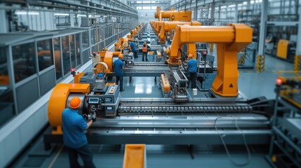 Leinwandbilder - High angle view, in a clean modern factory, engineers working on high tech machines. Generative AI.