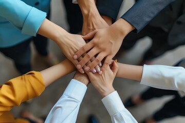 Canvas Print - Top view of young business people putting their hands together. Generative AI.