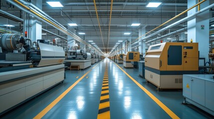 Aufkleber - the factory floor that includes several machines, expansive spaces. generative ai.
