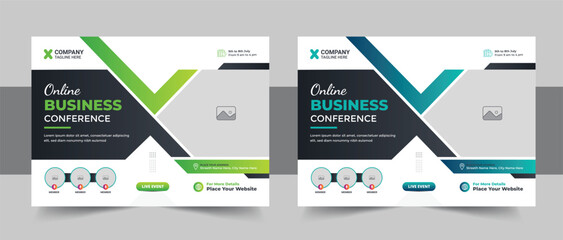 Wall Mural - creative horizontal business conference flyer template, modern online live webinar meeting or techno