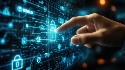 Aufkleber - Hand touching screen with various security icons on it, in the style of simple, shaped canvas, light bronze and azure, selective focus. Generative AI.