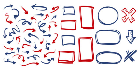 Poster - Hand drawn design elements set. arrows, box, circle line scribble. doodle abstract use for concept design. isolated on white background. vector illustration