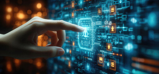Aufkleber - Hand touching screen with various security icons on it, in the style of simple, shaped canvas, light bronze and azure, selective focus. Generative AI.