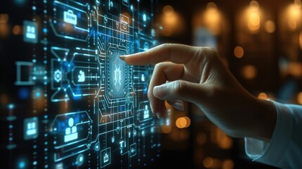 Aufkleber - Hand touching screen with various security icons on it. Generative AI.