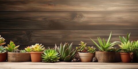 Sticker - Copy space with wooden table background showcasing potted succulents.