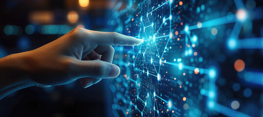 Aufkleber - Hand pointing to digital images on the screen, in the style of abstract structures, navy and azure, busy compositions, scientific diagrams, molecular. Generative AI.