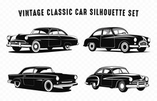 Vintage Classic Car Vector Silhouette Set, Old Cars Black Car Sketch Illustration Bundle