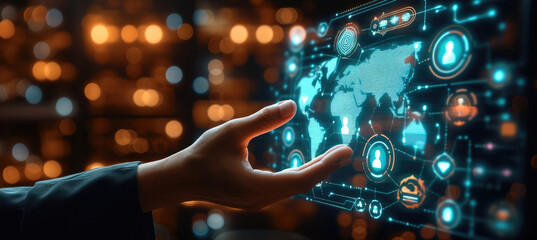 Aufkleber - Hand touching screen with various security icons on it, in the style of simple, shaped canvas, light bronze and azure, selective focus. Generative AI.