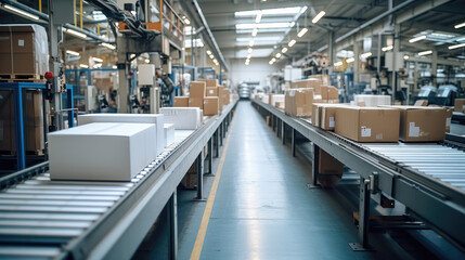 Poster - Inside the factory of a printing company, processed packages are lined up. Generative AI.