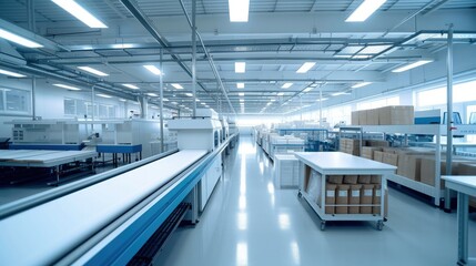 Poster - Modern factory with packaging equipment and packaging materials. in a style of professional, efficient. Generative AI.