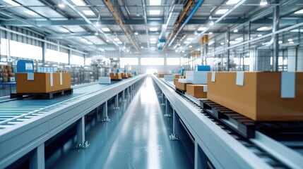 Poster - Modern factory with packaging equipment and packaging materials. in a style of professional, efficient. Generative AI.