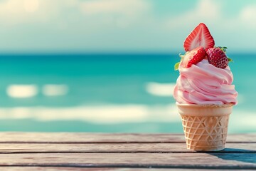 Wall Mural - strawberry ice cream on the beach in summer day