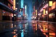 Neon signs reflected on the wet surface of a rainy street, creating a cinematic ambiance in a nocturnal setting.