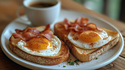 Wall Mural - Two buttered grilled toasts with eggs and crispy bacon in a plate, with a cup of coffee. Generative AI.