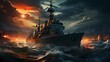 An AI-powered naval fleet, consisting of autonomous warships, sails through stormy seas, ready to respond to any threat with unparalleled coordination
