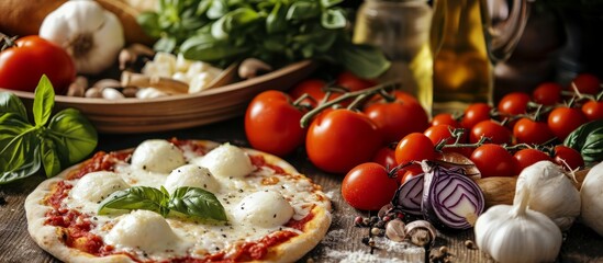 Sticker - Mozzarella and vegetables for pizza on a rustic kitchen table.